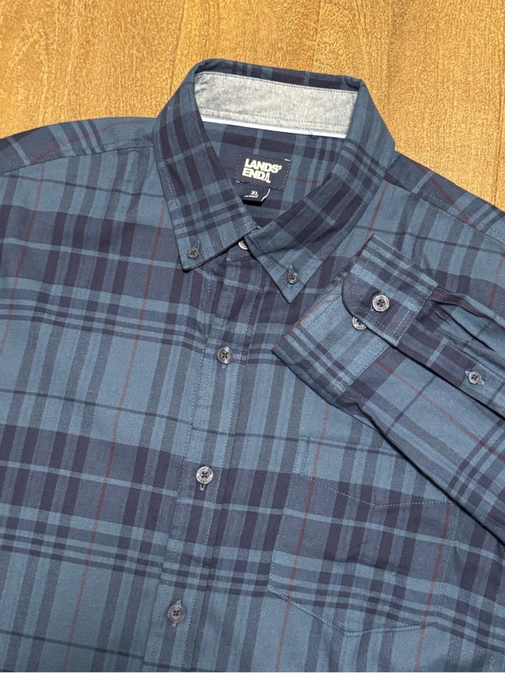 Lands End Men’s Long Sleeve Button Down Plaid Shirt Blue Size XL